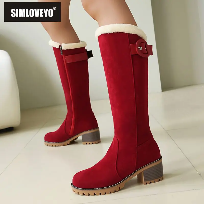 

SIMLOVEYO Современные женские сапоги до колена с круглым носком, 6 см, блочные каблуки, молния, флока, замша, большой размер 42, 43, 44, повседневные женские длинные бота