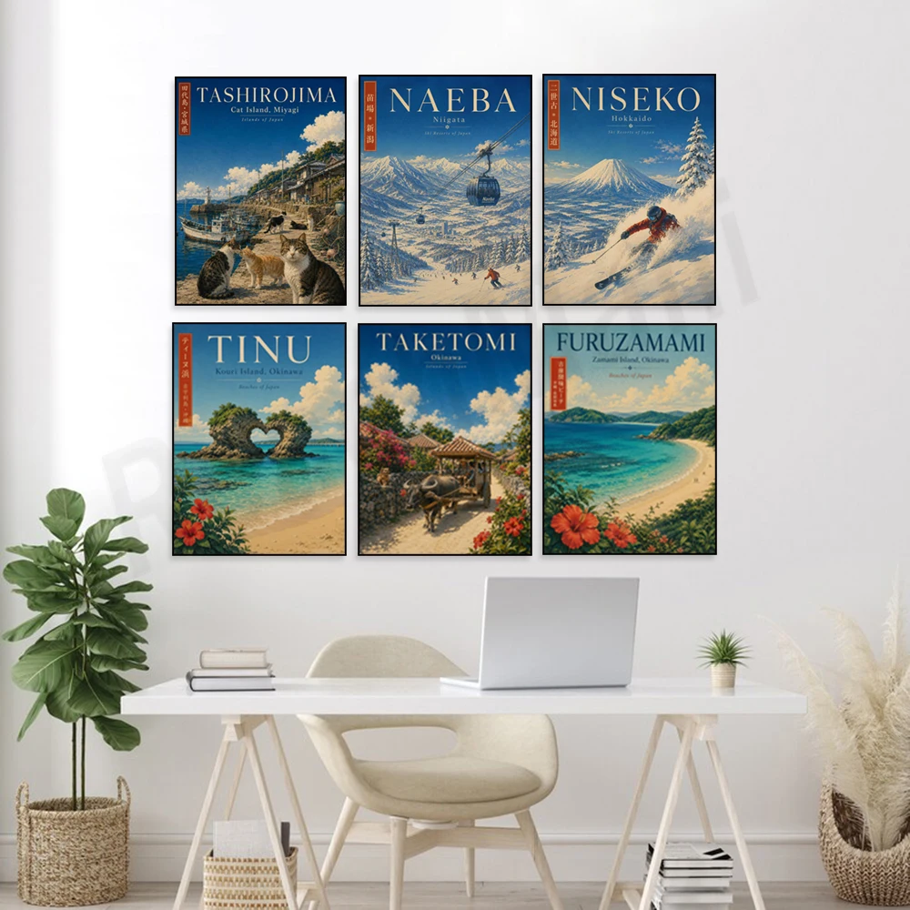 Japanese Alps, Hakubagani Ski Resort, Okinawa, Dogo Onsen, Tinu Beach, Tashirojima, Naoshima - Japan Travel Poster
