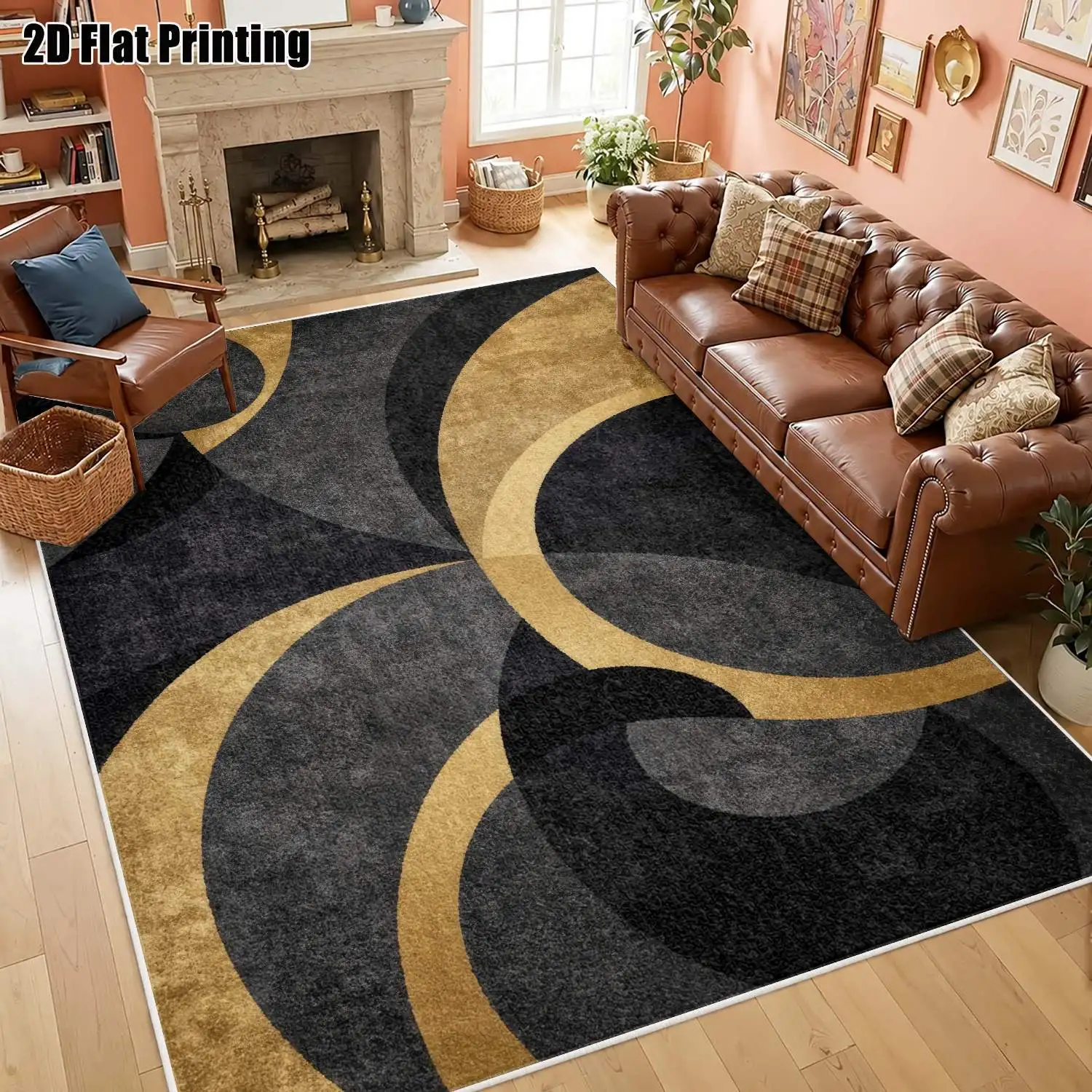 1Pc 2D Printed Black Gold Geometric Velvet Carpet, Modern Minimalist/European/Instagram Style, Machine Washable, Multi-Size, for Home Decor & Multi-Scene Use