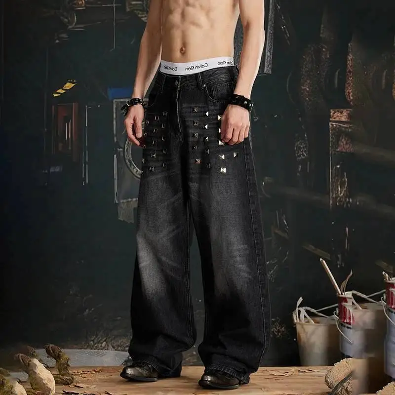 LUZHEN Loose 2026 New Original Sequin Straight Rivet Metal Patchwork Denim Pants Men Fashion Street Casual Wide Leg Jeans JY8023