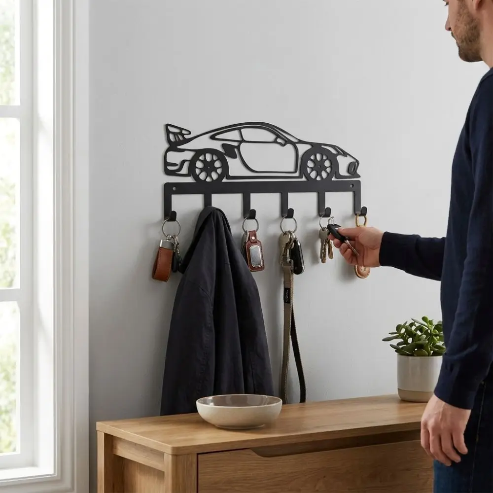 Black Minimal Metal Car Key Holder Sturdy 6 Hooks Industrial Style Sports Car Storage Hooks Pre-Drilled Holes Vintage Classic