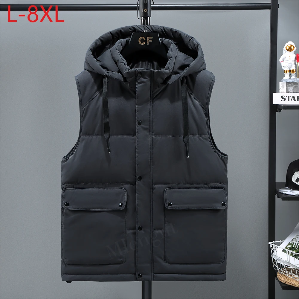 

Autumn Winter New Men Vest Solid Hat Detachable Sleeveless Jacket Cotton Thick Warm Waistcoat Male Casual Vest Coat Plus Size8XL