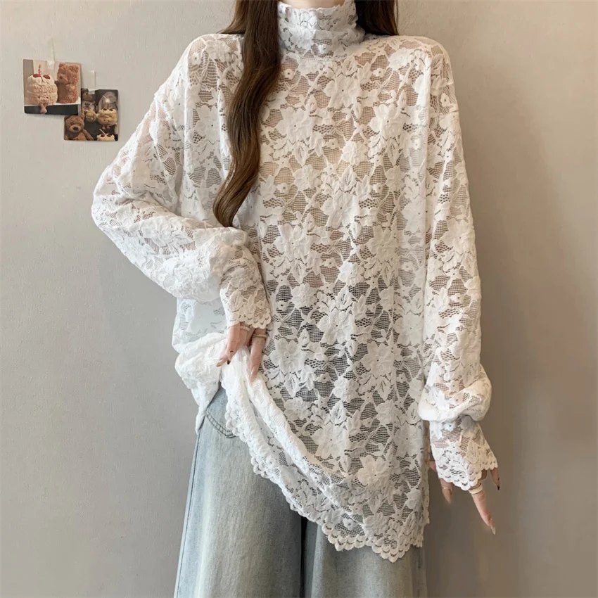 2025 novas mulheres blusa de renda de manga longa elegante senhora malha blusas oco para fora camisa básica topos bottomings pullovers fada wz2400
