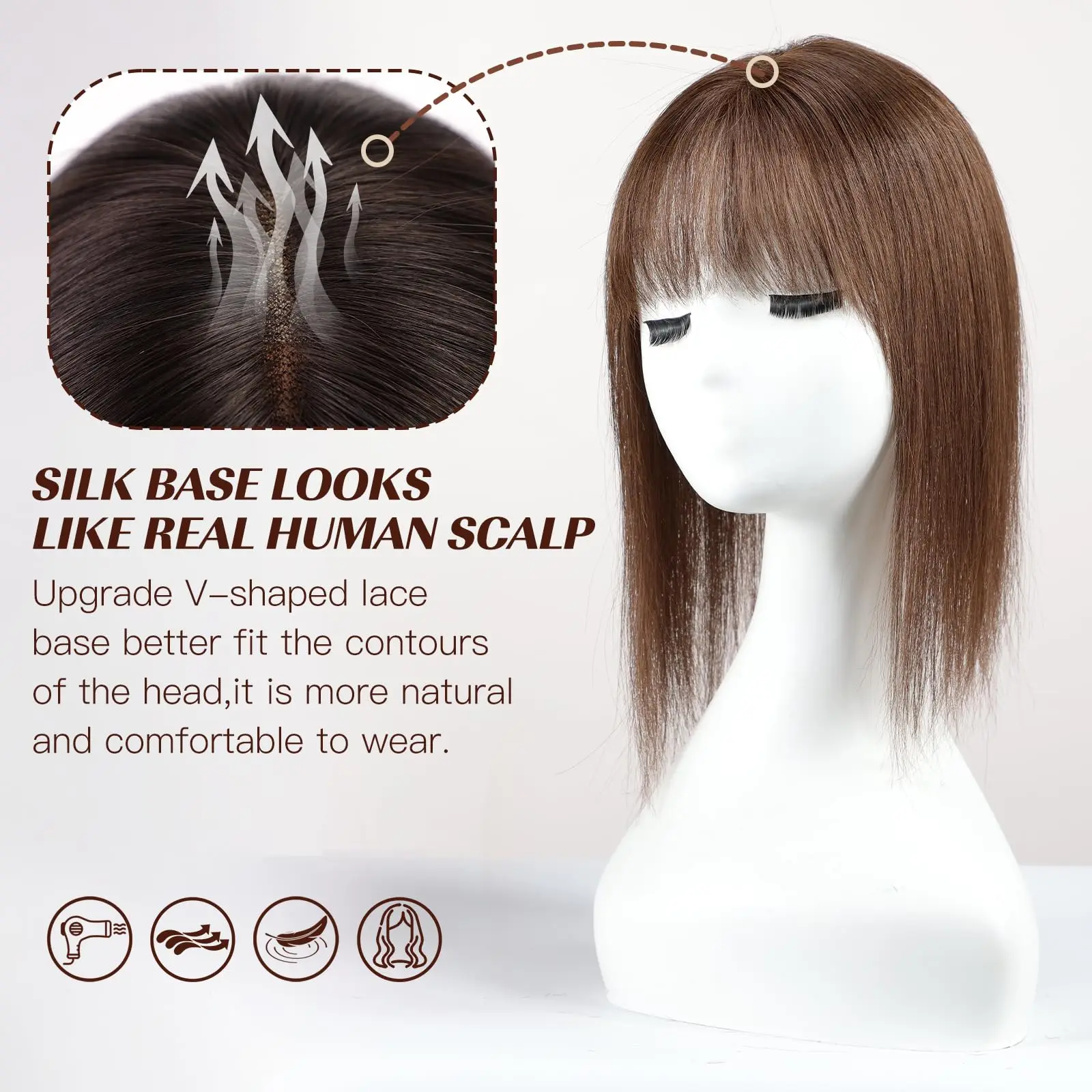 레미 인모 헤어피스 다크 브라운 인모 헤어탑퍼 중간 가르마 스트레이트 헤어 여성 탈모용 4x9cm 실크 베이스 클립형 헤어