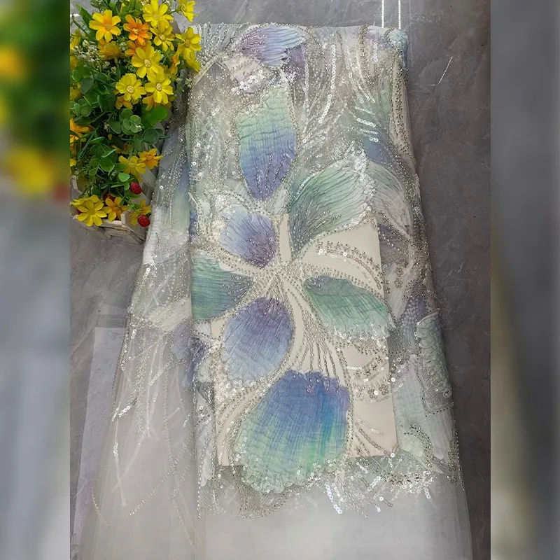 90x125cm Farbig bedruckter Paillettenstoff, Perlenbestickter Tüllstoff, DIY-Nähmaterial, Netzstoff für Bekleidung – Detail 17