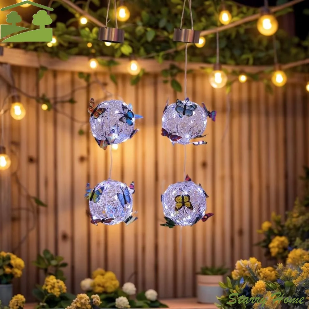 Waterproof Solar Butterfly Ball Light Colorful Butterfly Solar-Powered Solar Hanging Light Metal Weaving Glowing Spherical