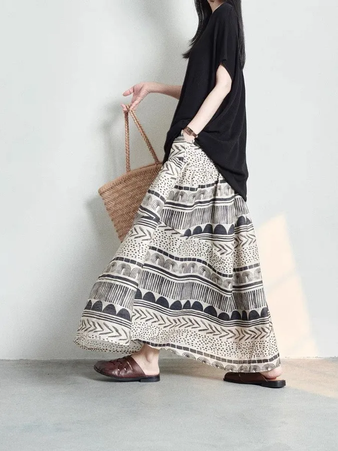 n jupe trapèze ample fluide coton lin parapluie jupe femme artistique Faion f-longueur jupe Vintage Sle