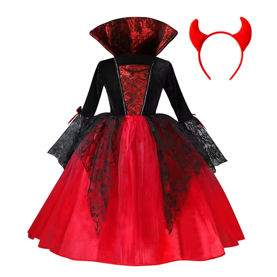 2025 Girls Cosplay Vampire Halloween Dress For Kids Ghost Bride Gothic Costume Count Vampiran Carnival Outfit Black Red Clothes image 6