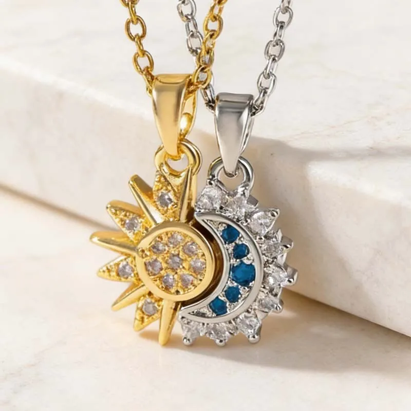 2Pcs/Set Magnetic Sun Moon Pendent Necklaces for Women Men Metal Zircon Rhinestone Sun Moon Couple Necklaces Set Jewelry Gifts