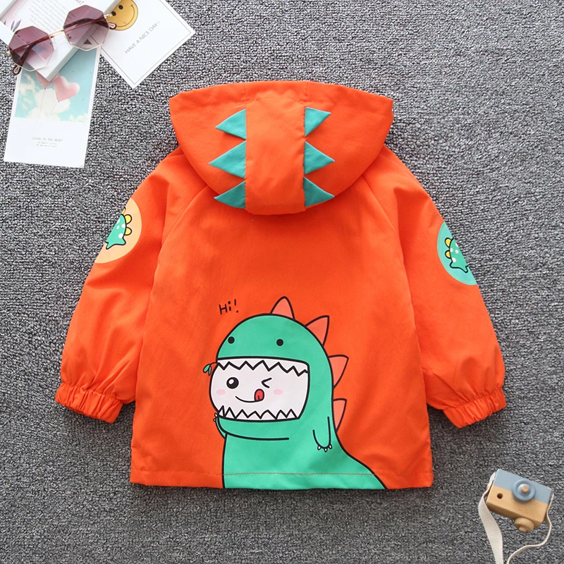 2024 primavera e autunno ragazzi e bambini per il tempo libero Cartoon Dinosaur Splicing Pocket cappotto con cerniera con cappuccio abbigliamento