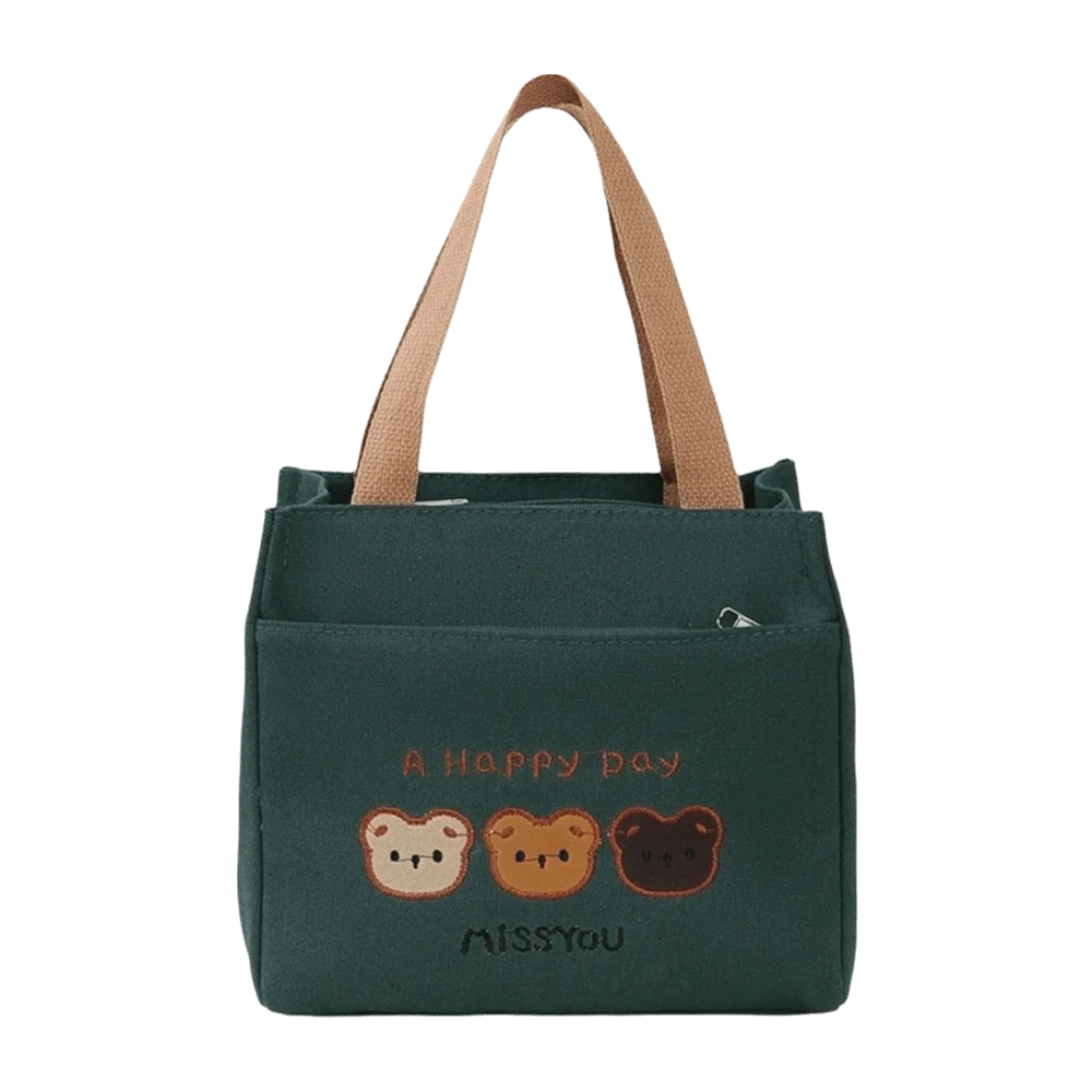 Casual Cute 3 Bears Embroidery Tote Bag Large Capacity Lightweight Storage Pouch Zipper Closure Reusable Canvas Lunch Bag Picnic