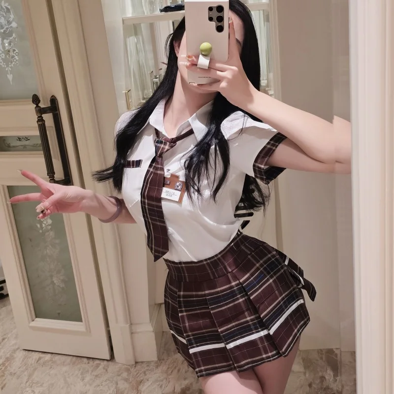 

Women Sexy Lingerie Slim Fit Schoolgirl Cosplay Outfit Student JK Uniform with Plaid Shirt Pleated Skirt Panties Set Costume