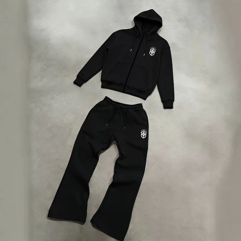 Y2 style European and American autumn sports casual fashion men's hooded printed zipper cardigan straight leg pants set