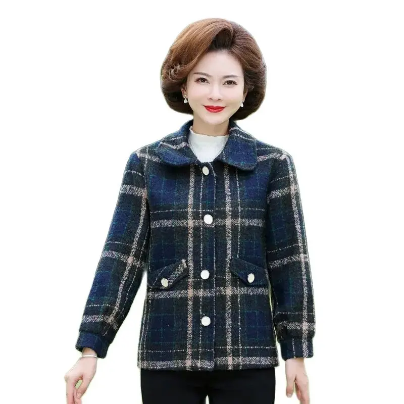 

Fashion Middle-Aged And Elderly Women's Woolen Coat 2023 New Autumn Winter Jackets Short Casual Lattice Outerwear Female