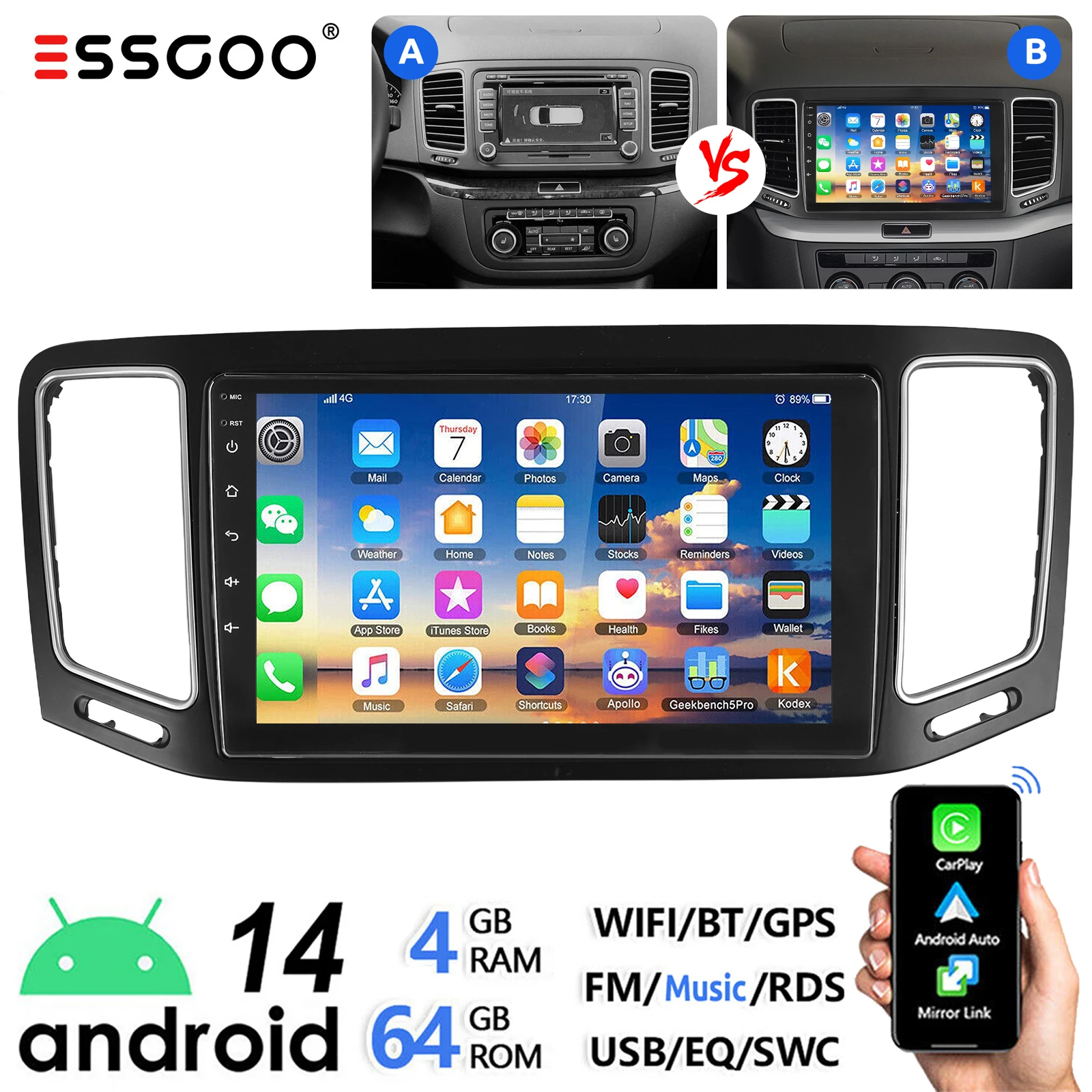 ESSGOO 9" Android 14 4+64G pour VW Sharan II 7N Seat Alhambra 2 2010-2021 Autoradio Sans Fil Apple Carplay Android Auto GPS Navigation Wifi FM Bluetooth RDS USB Écran Tactile Mirror Link Commande au Volant Equalizer