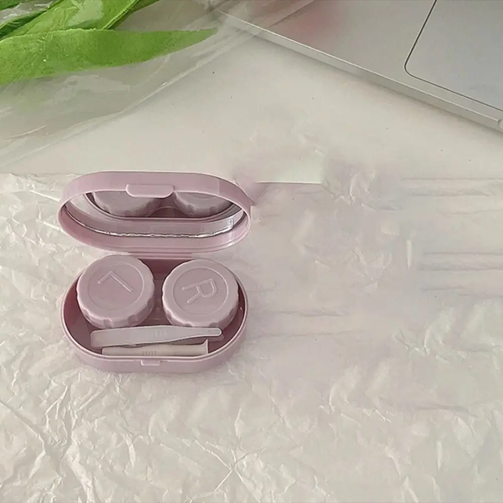 Mirror Mini Contact Lens Case Portable Solid Color Contact Lens Box Simple Cream Blast Contact Lens Care Box Women