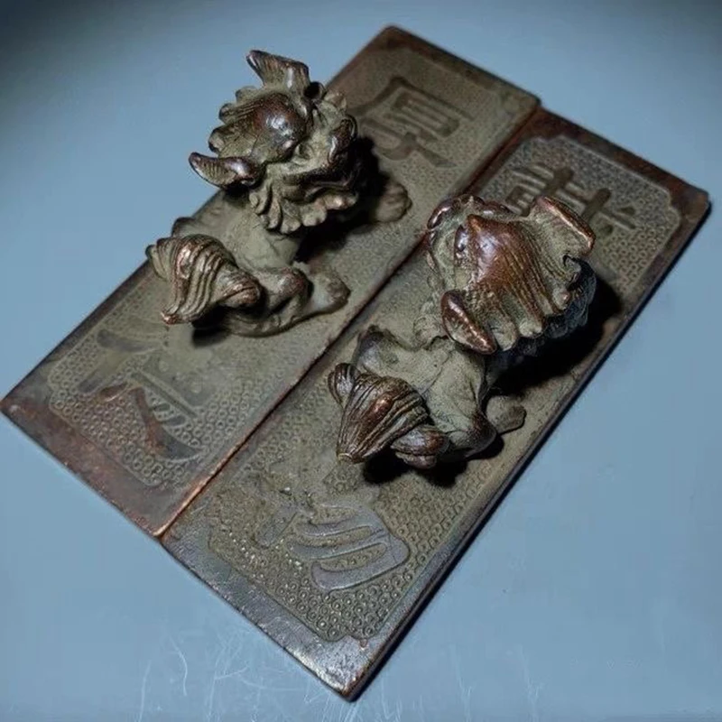 Vintage Brass Lion Paperweight Pair Engraved Chinese Bronze Ware Calligraphy Desk Decor Antique Collectible