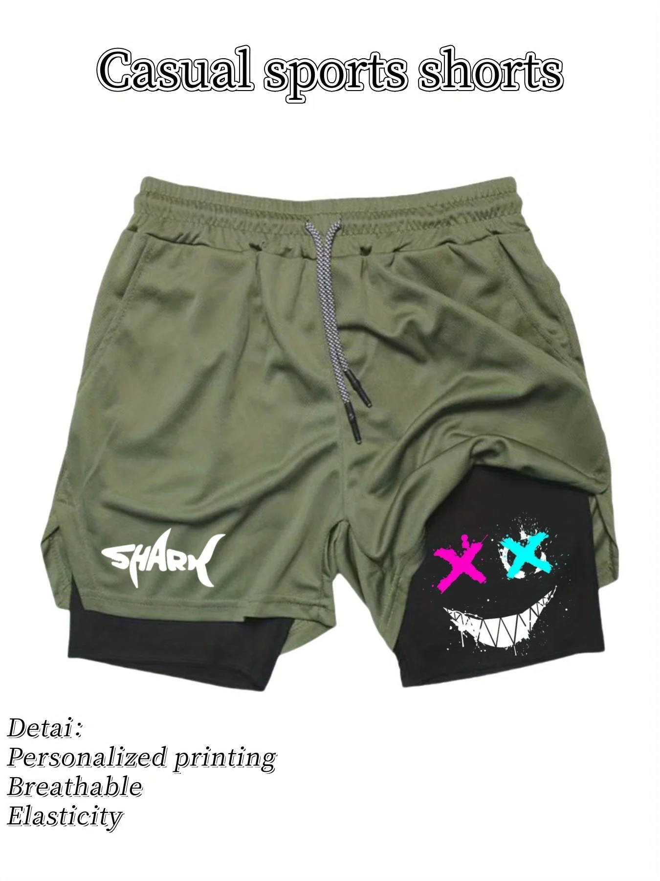 2026 Summer Men's Fashion Casual Double Layer Running Training Shorts with Shark Happy Pattern Printed Sports Gym Shorts view 4