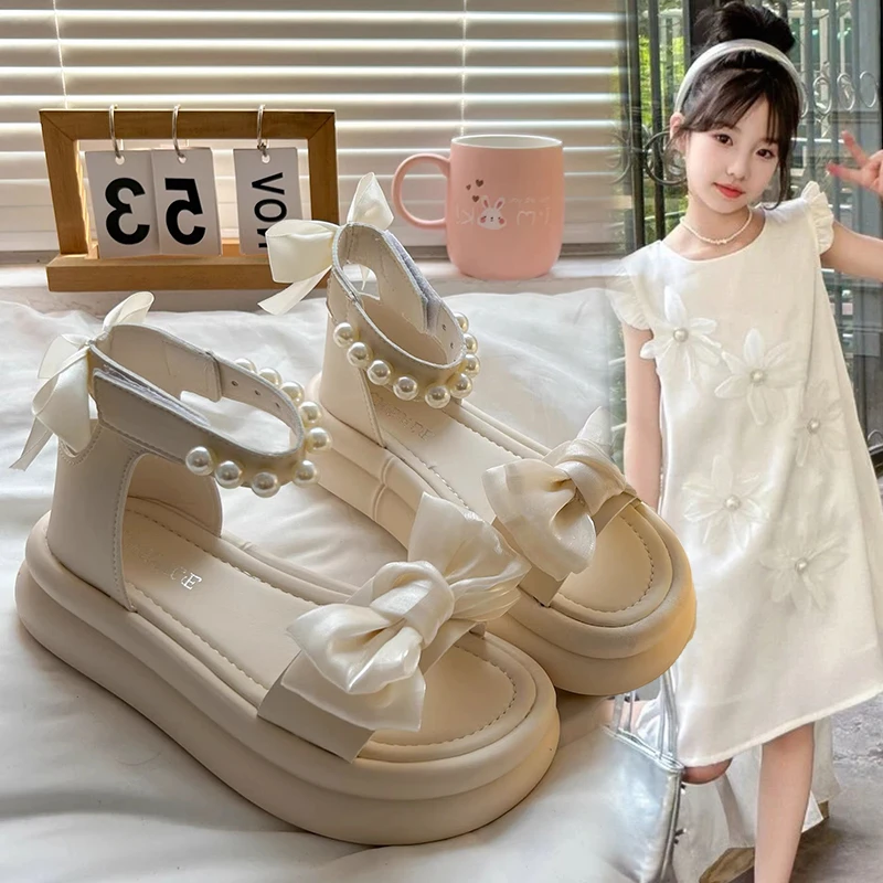Girls' Casual Sandals Beautifully Decorated with Bows and Pearls with A Buckle Design Comfortable and Breathable Quick-drying