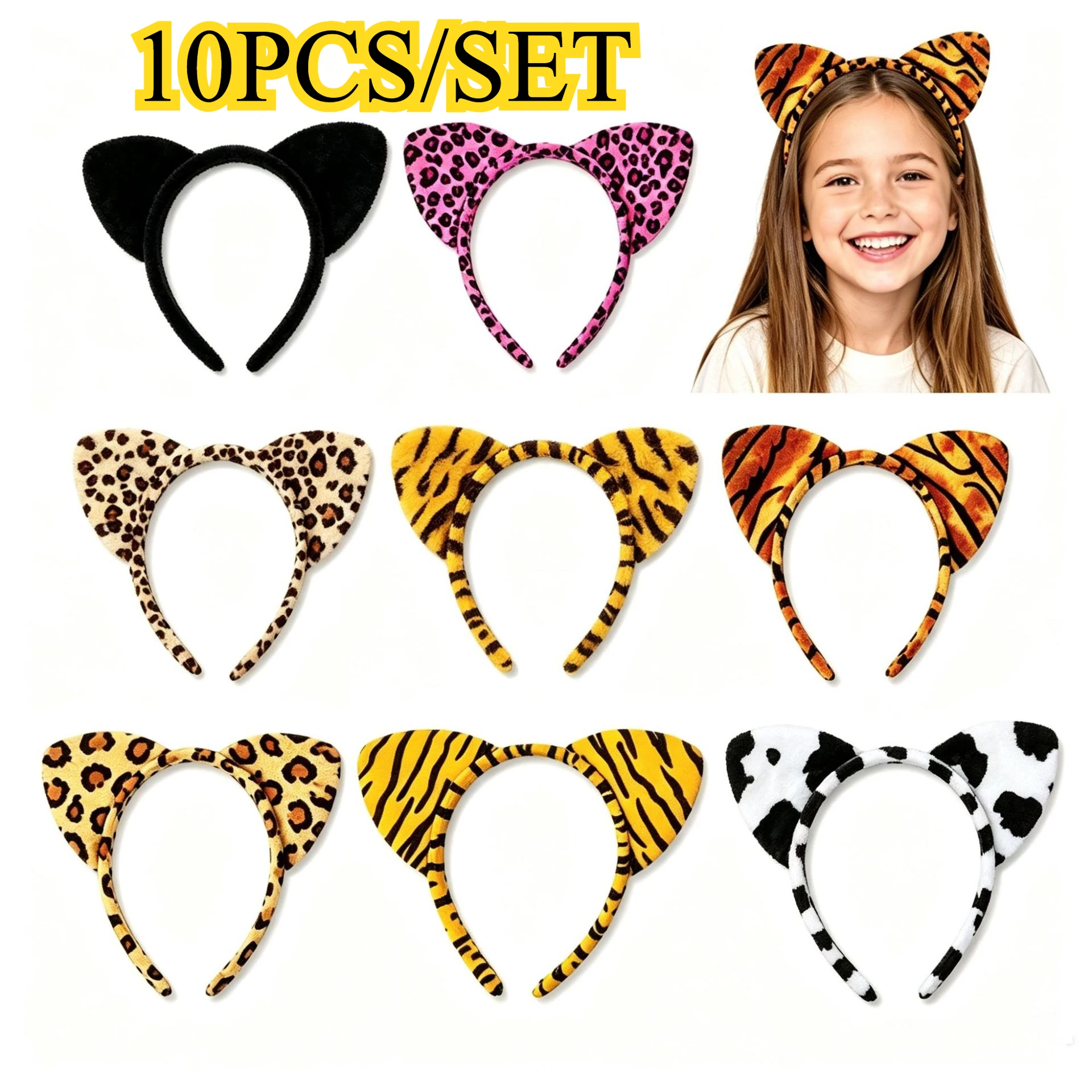 10PCS Animal Cheetah Leopard Cat Ears Headband Vintage Print Hair Hoops Cute Festival Accessories Fashion Ribbon for Hair Hoop