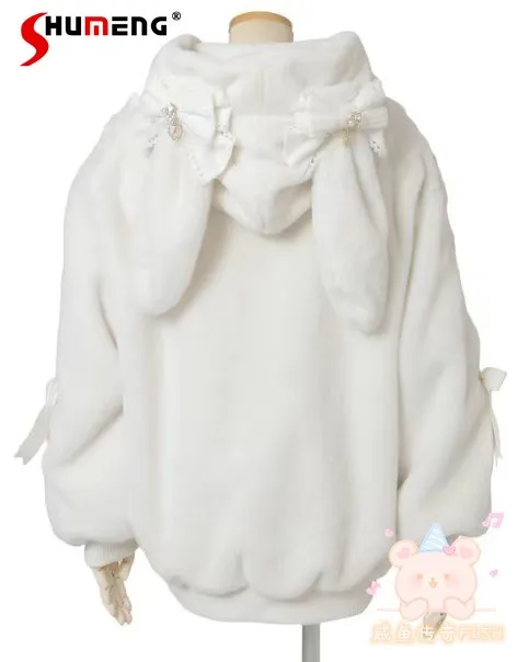 

Japanese Style Liz Plush Jackets Lace-up Bow Long Sleeve Rabbit Ear Hood Zipper Thickened Warm Winter Coats for Women Overcoats