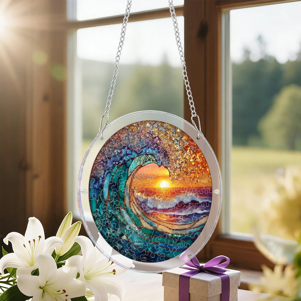 Ocean Wave Sunset Acrylic Jigsaw Puzzle Suncatcher, Stained Glass Style Window Hanging Decor Kit with Chain