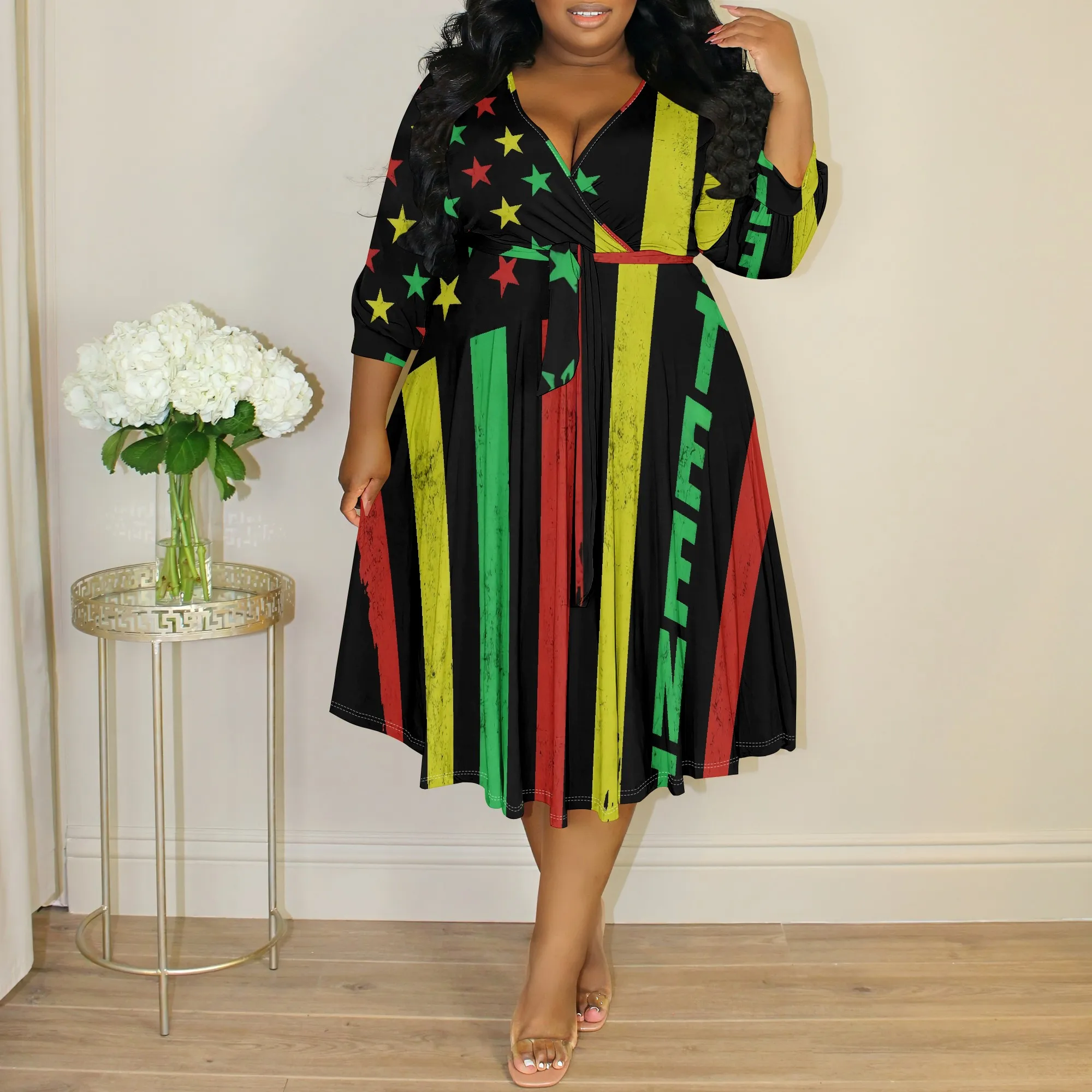 

Plus Size African Dress XL-6XL Red Yellow Green Print Wrap Midi Dress for Women Festival or Holiday Outfit