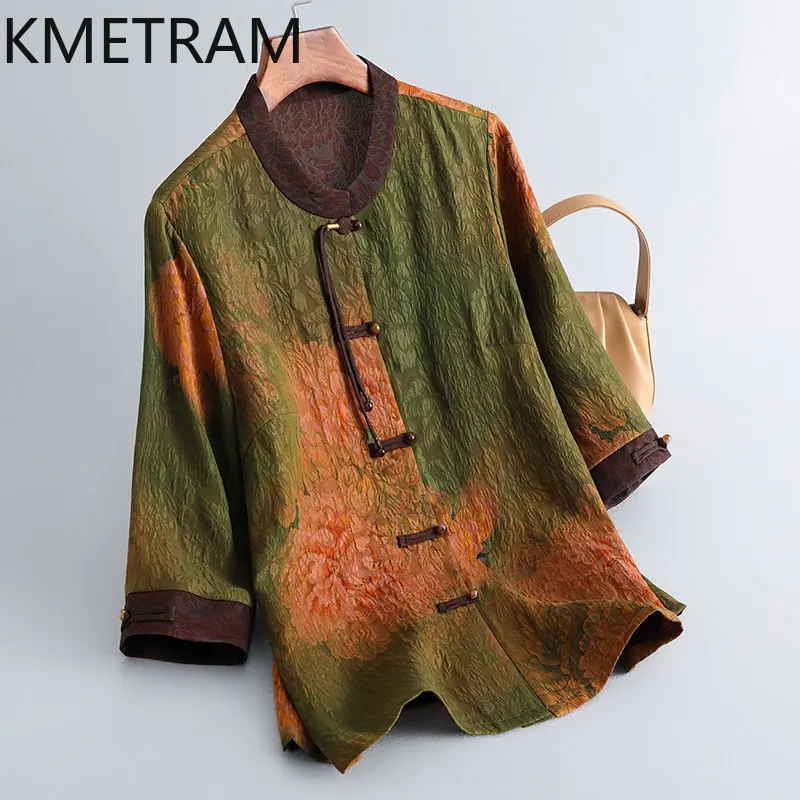 KMETRAM 100% Real Mulberry Silk Women Tops 2026 Summer Chinese-style Round-neck Half Sleeved Floral Top Woman Clothes Ropa Mujer