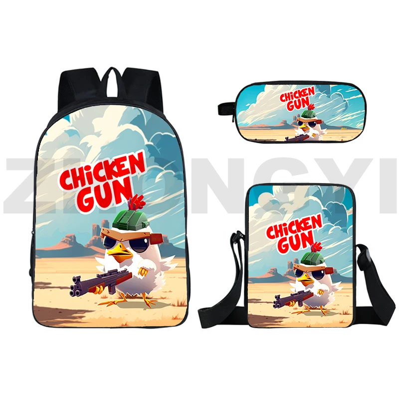 Funny Anime Chicken Gun Backpack Men Business Laptop Satchel 3 in 1 Lovely Cartoon Schoolbags for Girls Canvas Crossbody Bags