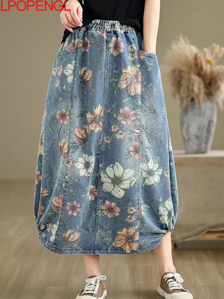 

Women's Summer Ethnic Style Elastic Waist New Literary Retro Loose Casual Print Stitching Pockets A-line Mid-calf Denim Skirt