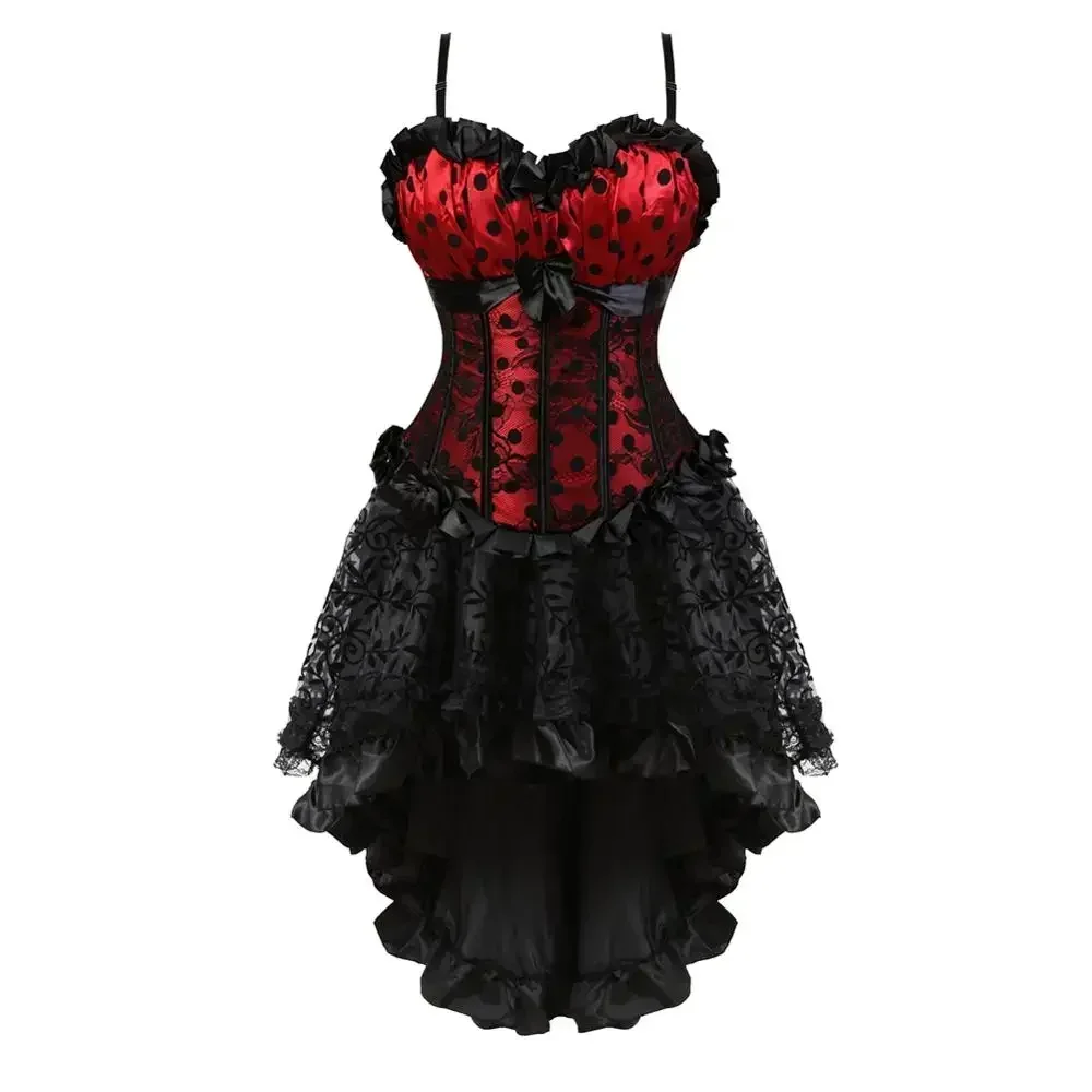 

Steampunk Gothic Corset Dress for Women Padded Bustier with Tutu Skirt Sexy Straps Polka Dots Corselet Plus Size Party Costumes