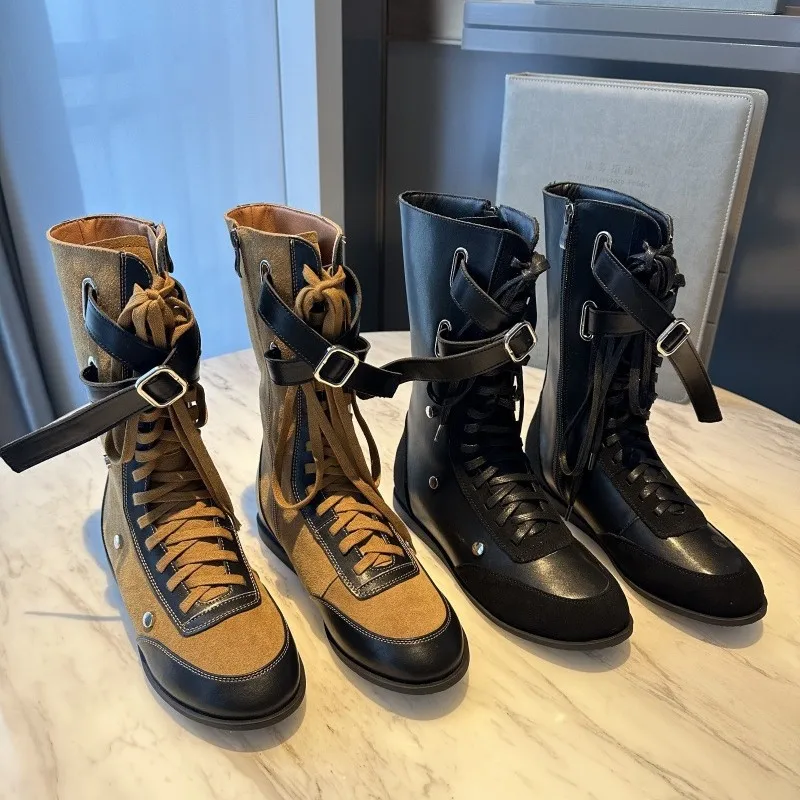 

2025 New Niche Soft Sole Fashion Color Block Short Boots Retro Lace-up Side Zipper Fashion Boots Boxing Boots