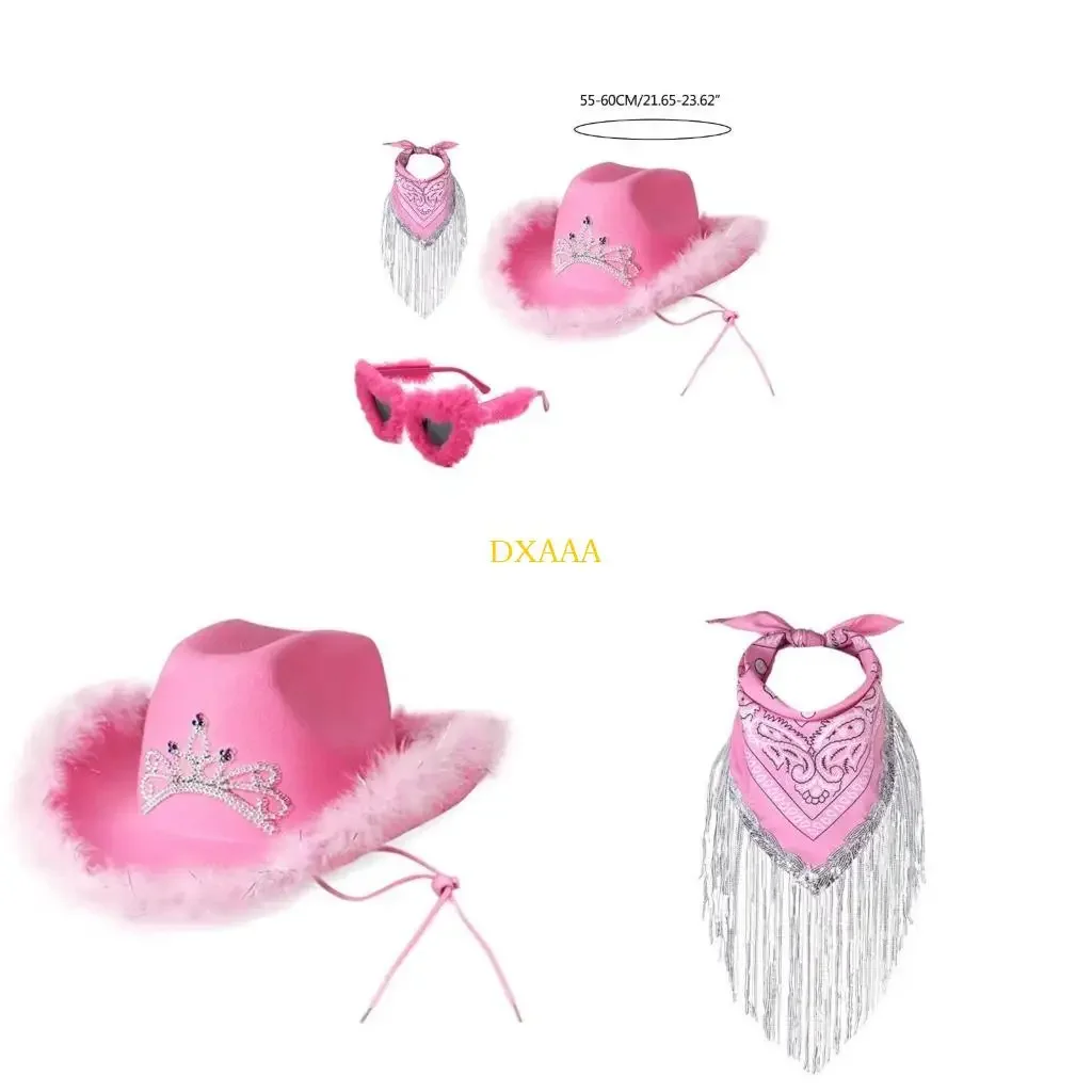 dxaa-カウガールコスチュームセット-バチェロレッテパーティー用-カウボーイハット-フリンジバンダナ-女性用-ブライダルシャワー-ピンクコスチューム-ナイトクラブスーツ