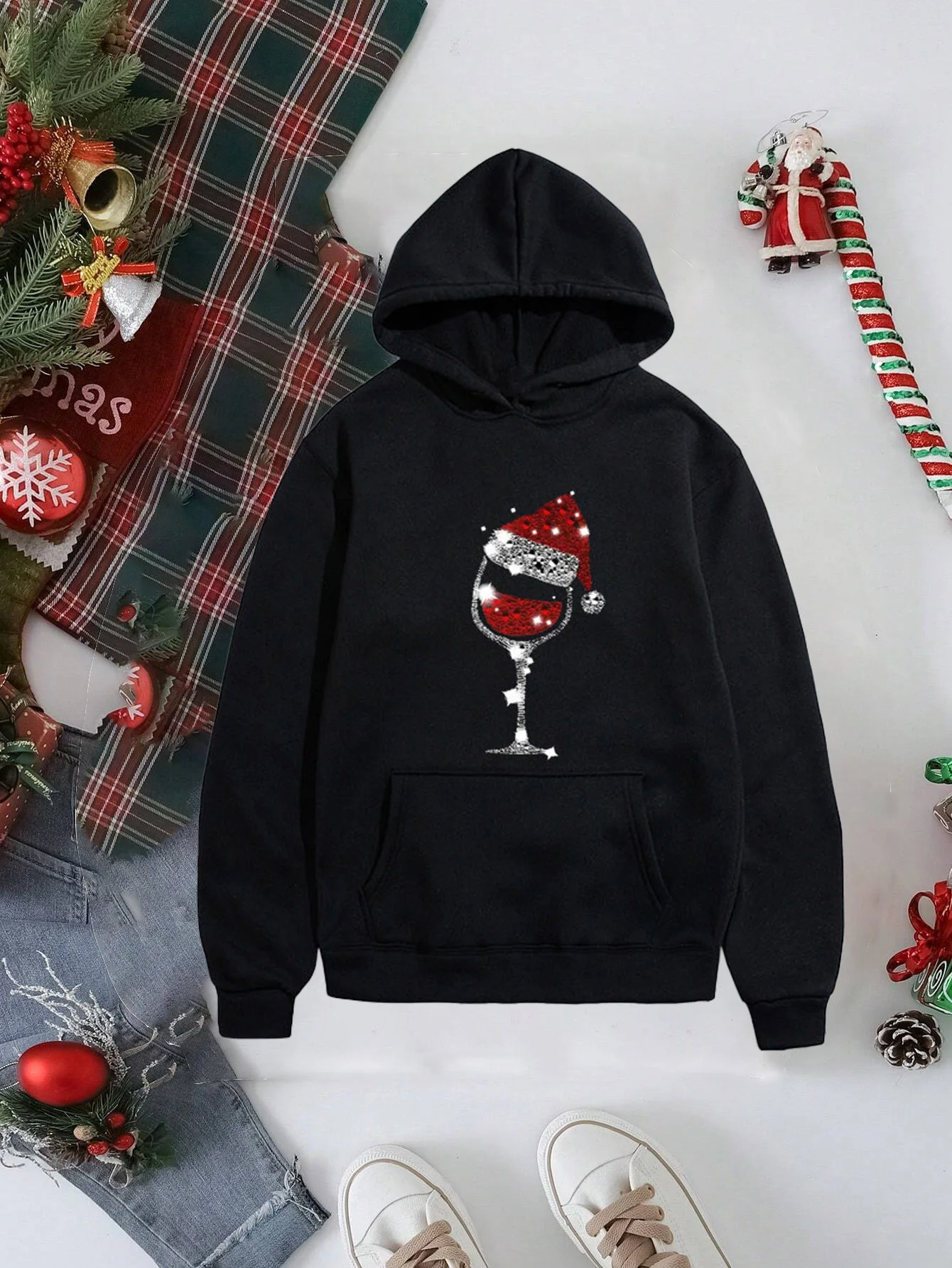 

Christmas Wine Glass Printing Women's Hooded Hoodie Oversized Sweatshirts Christmas Graphic Holiday Sport Costumes Pullover