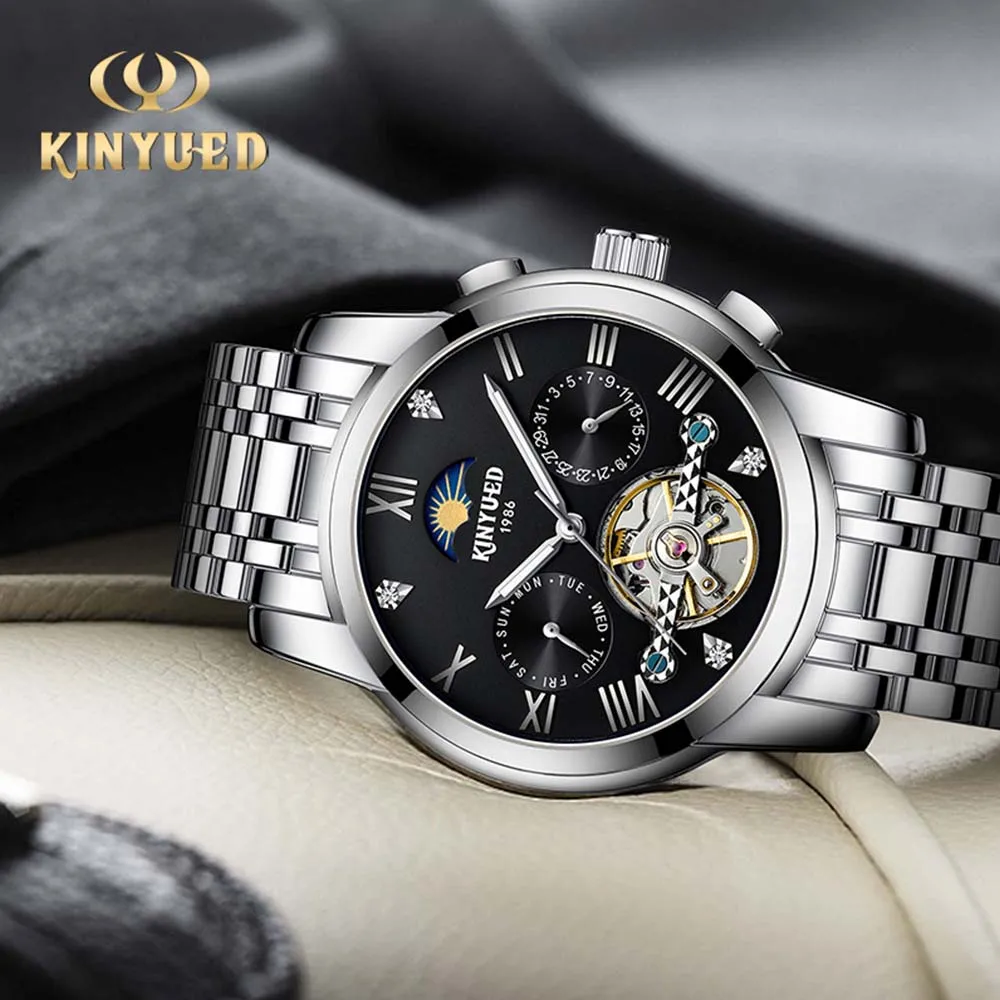 

KINYUED Top Brand Men's Automatic Movement Watches Luxury Stainless Steel Mechanical Watch for Men Luminous Skeleton Dial Watch