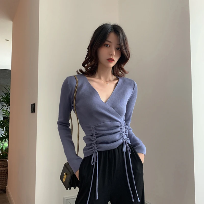 Autumn Winter Women Retro V-neck Drawstring Knit Top New Sweater Long-sleeved Fashionable Korean style T-shirt