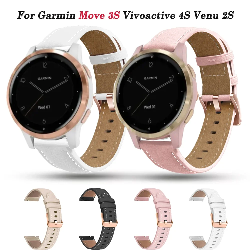 Vivoactive 4S 3S Leather Smart Watch Strap For Garmin Venu 2S/Rey/Forerunner 265S 255S Wristbands Rose Gold Buckle 18mm Bracelet