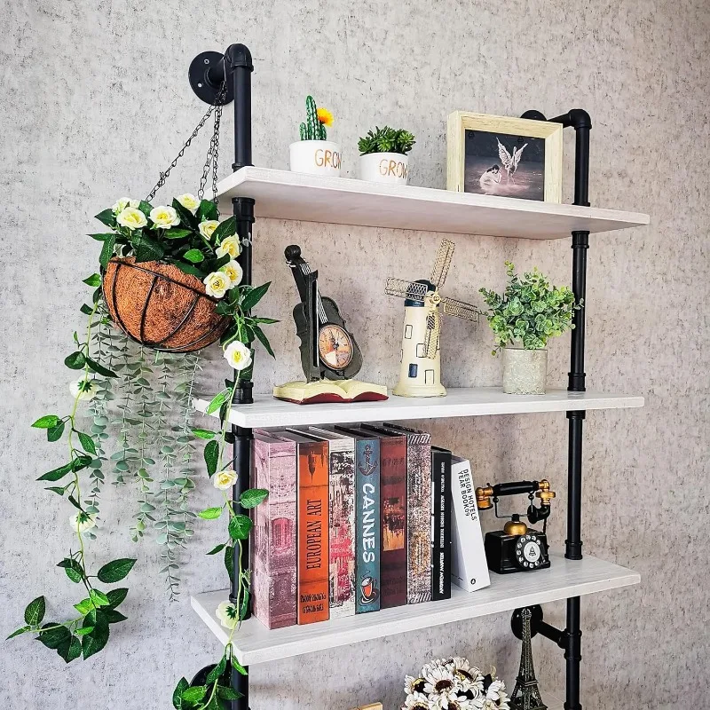 Pipe Shelves, Wall Mounted Wood Metal Industrial Shelves, Ladder Bookshelf for Living Room