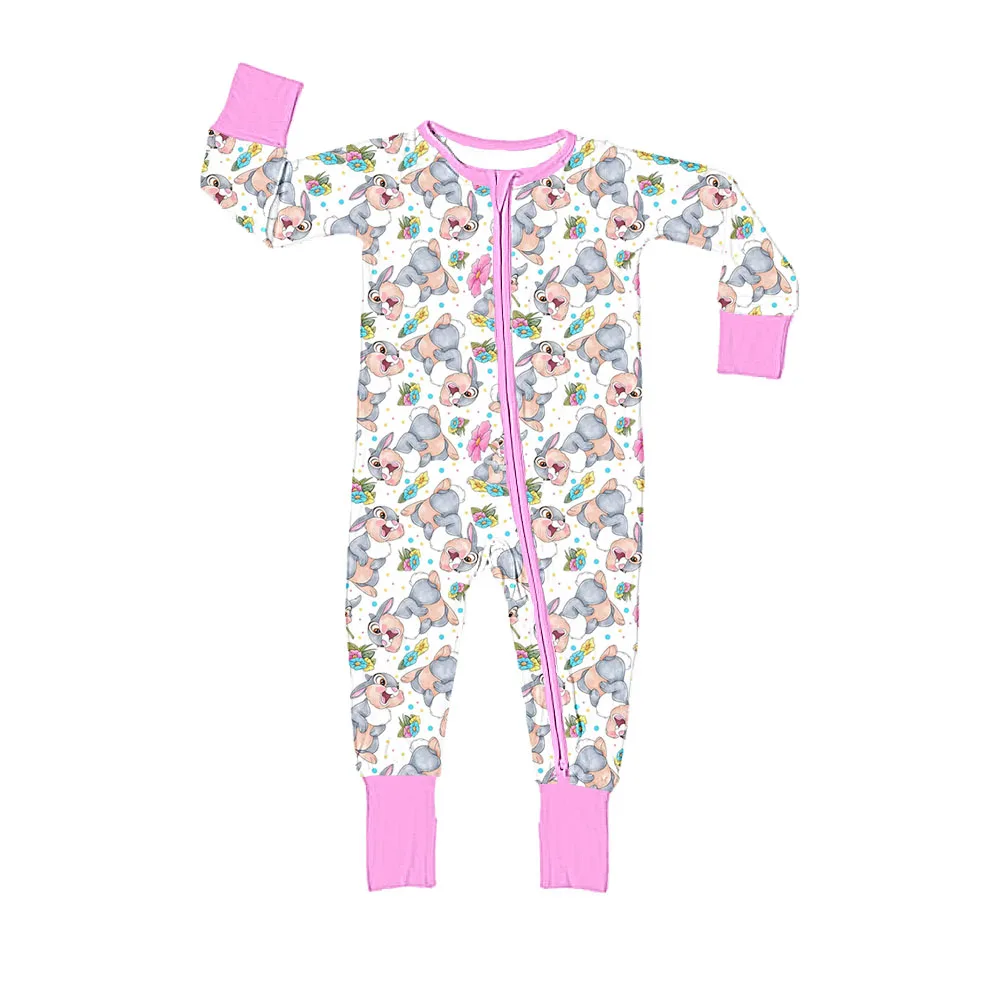 

Easter clothes Toddler girl clothes onesie two zipper style Long sleeve pants bunny and small flower pattern milk silk fabric