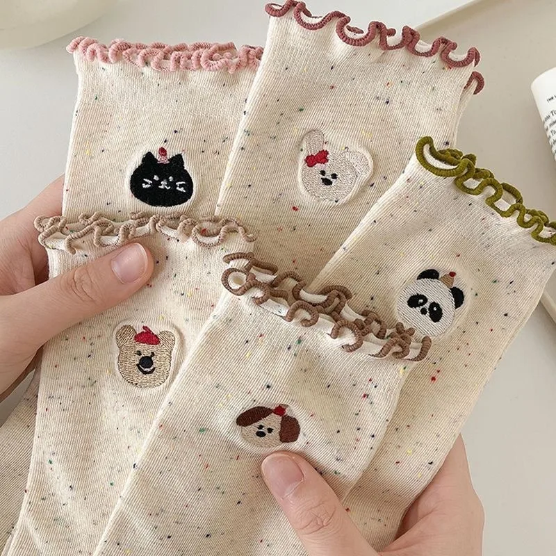 

5 пар милых дышащих носков с оборками, женские осенне-зимние носки среднего размера с оборками, женские дешевые носки для девочек