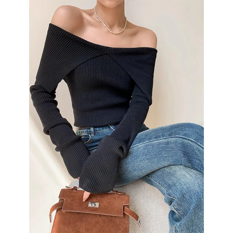 MEXZT Slash Neck Sweater Women Sexy Cropped Off Shoulder Knitted Pullovers Korean Elegant Black Knitwear Winter Ladies Jumpers