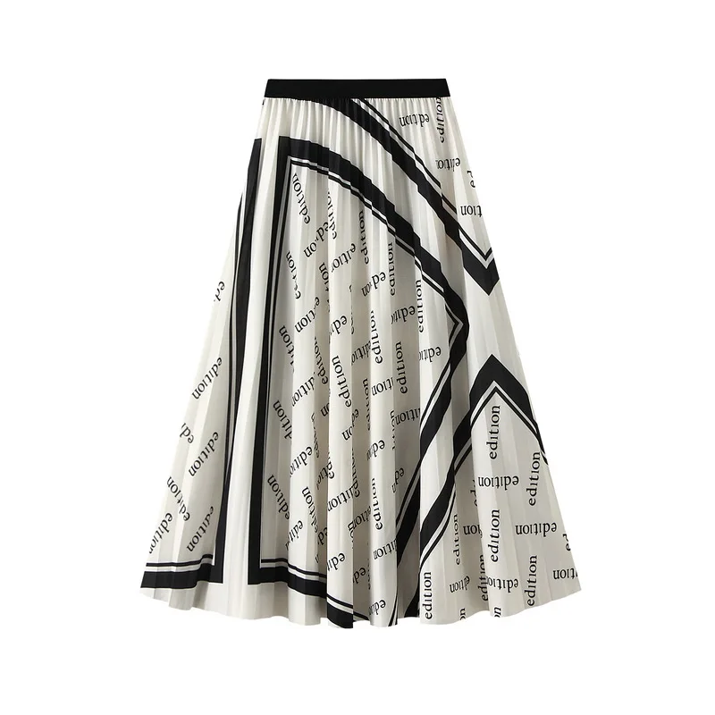 

Autumn Elastic Waist Mid Large Swing Umbrella With Hundred Pleated Letter Printing Korean Version Half Length Skirt