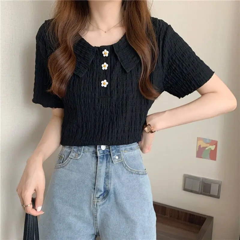 Women Summer Fashion Slim Sweet Buttons Solid Color Doll Collar Short Sleeve T-Shirt Women Clothes Casual All-match Trend Tops