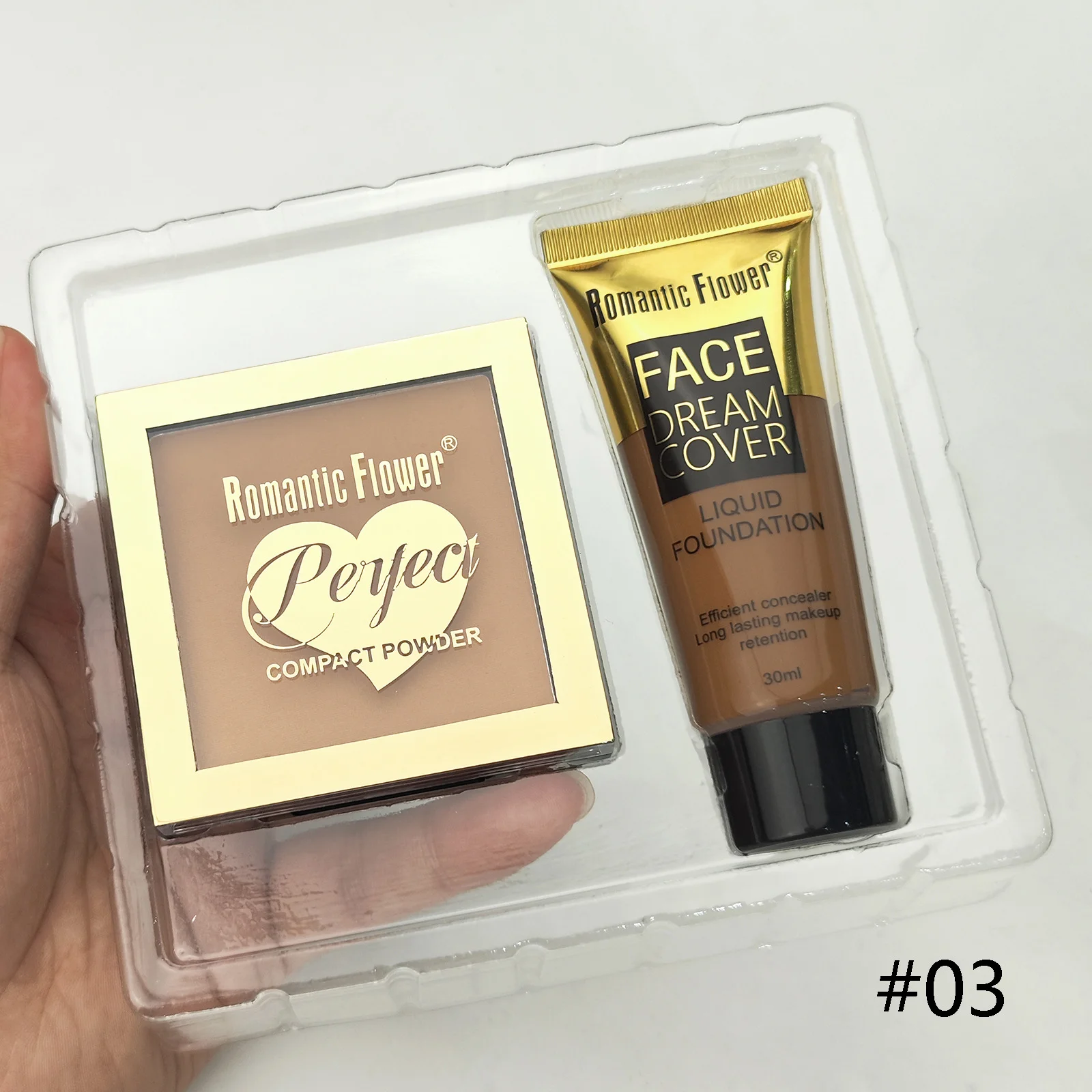 Maquillaje facial de flores románticas, corrector de estuche de base líquida y en polvo 2 en 1, duradero y sin maquillaje, adecuado para pieles oscuras