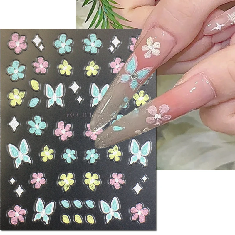 5D Embossed Nail Art Decals Candy Blue Yelow Pink Petals Floral Flowers Adhesive Sliders Nails Stickers Decorations For Manicure