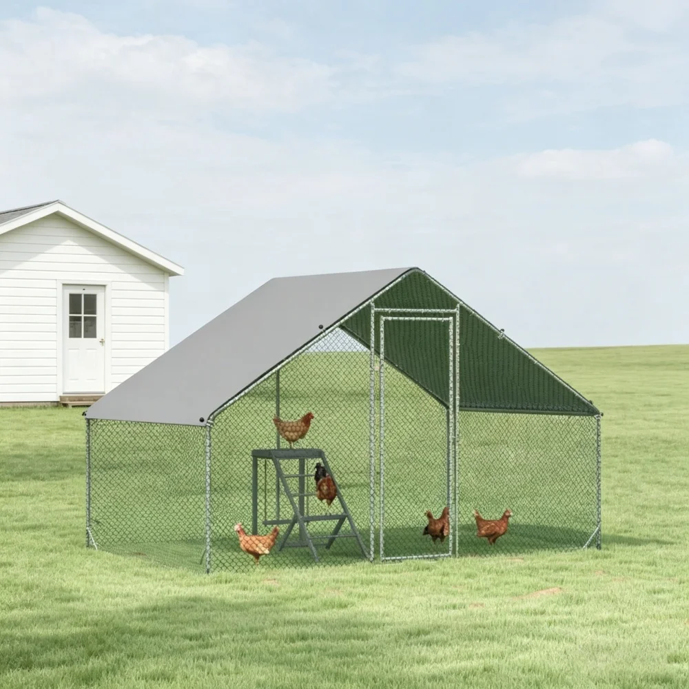

Large Walk-in Chicken Coop Run, 9.8'L x 6.6'W Galvanized Steel Poultry Cage with PE Waterproof Cover, Outdoor Habitat for Chickens, Ducks & Small Animals