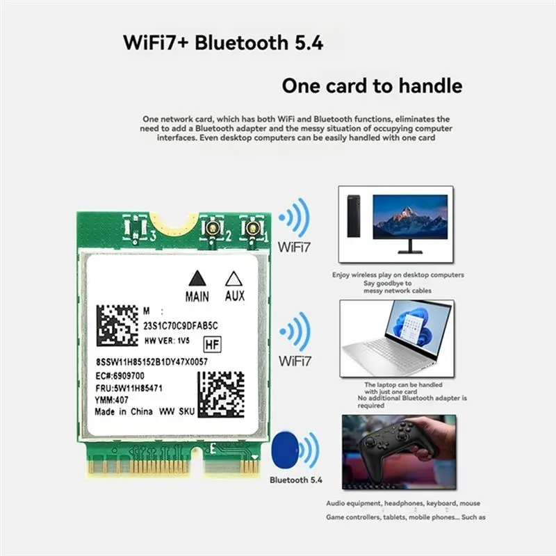 N34R-Wifi7 Card RTL8922AE 6338Mbps Wireless Wifi Adapter Card+ 8DB Antenna 2.4G/5G/6G Bluetooth 5.4 M. 2 NGFF For Windows 10/11