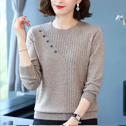 Autumn Winter Round Neck Women's Clothing Solid Color Pullover Button Lantern Long Sleeve Sweater Knitted Elegant All-match Tops