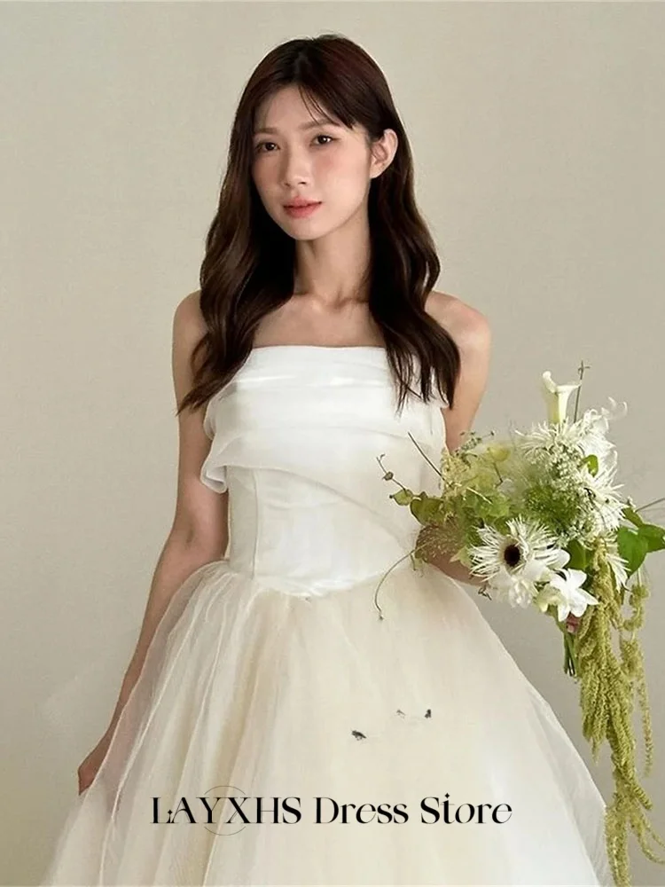 LAYXHS Fashion Wedding Dresses Korea Strapless A-Line Tulle Puffy Sleeveless Bridal Gowns Customized düğün parti elbise