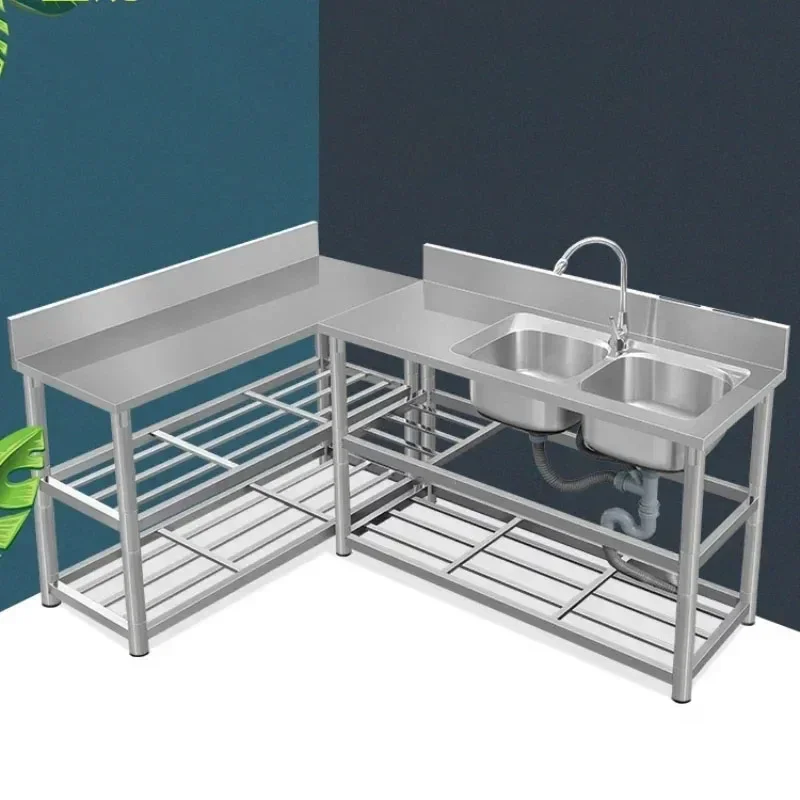 Commercial Dishwashing Washing Sink Stainless Steel Kitchen Sinks with Bracket Countertop Integrated Cabinet